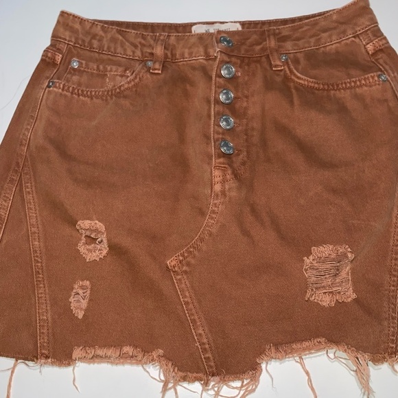 WE THE FREE FREE PEOPLE COPPER DECONSTRUCTED DENIM MINI SKIRT ORANGE DISTRESSED - Picture 5 of 10